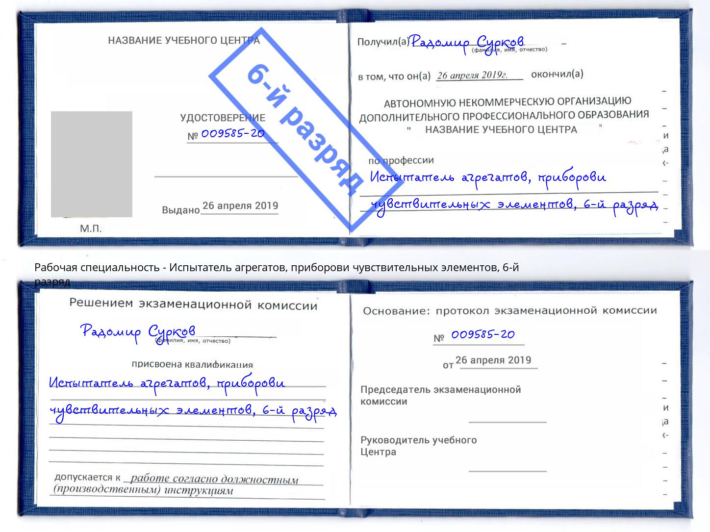 корочка 6-й разряд Испытатель агрегатов, приборови чувствительных элементов Надым