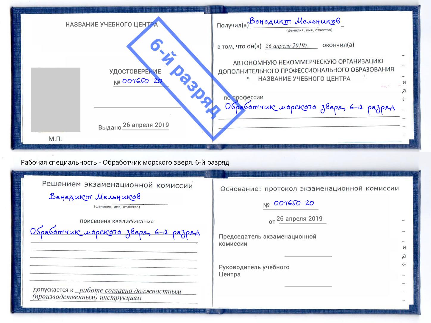 корочка 6-й разряд Обработчик морского зверя Надым