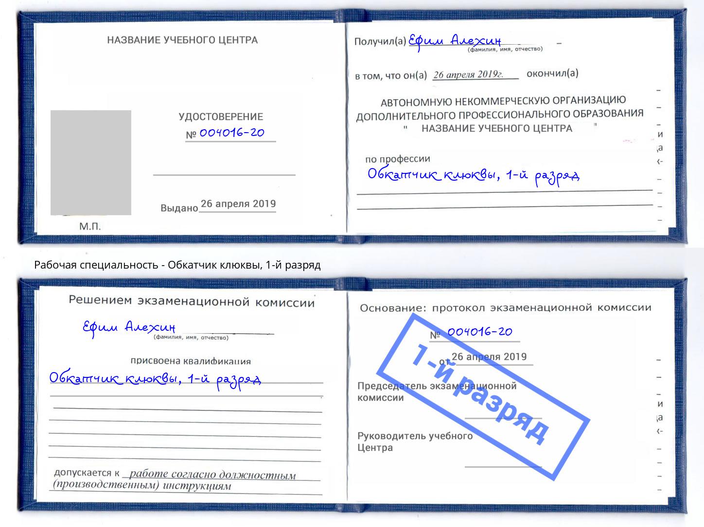 корочка 1-й разряд Обкатчик клюквы Надым