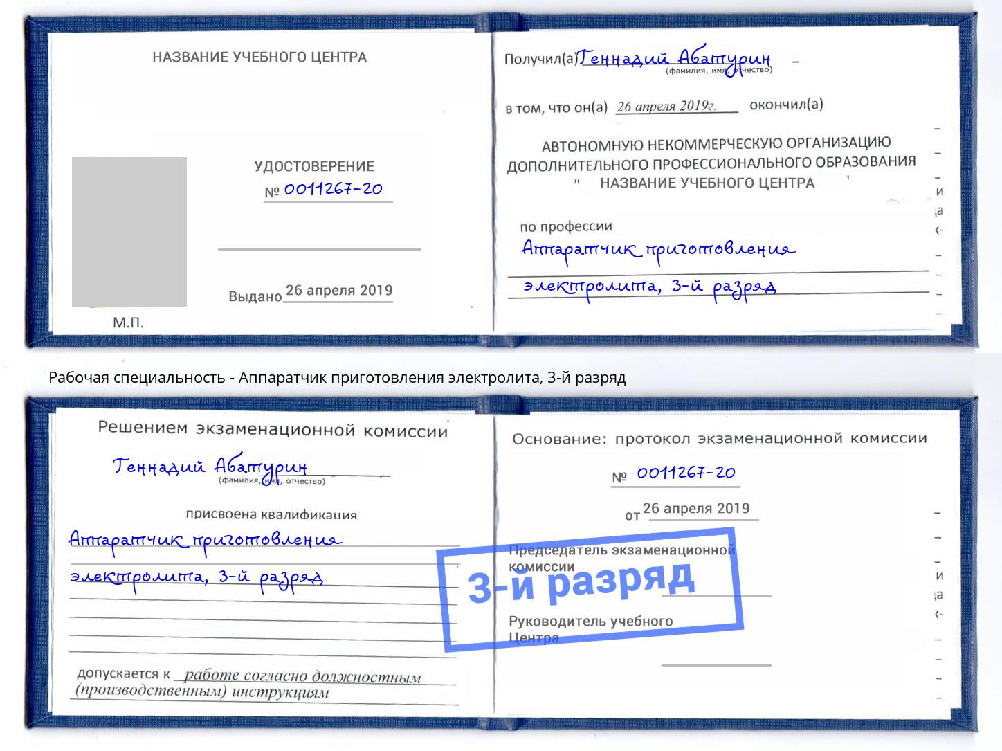 корочка 3-й разряд Аппаратчик приготовления электролита Надым