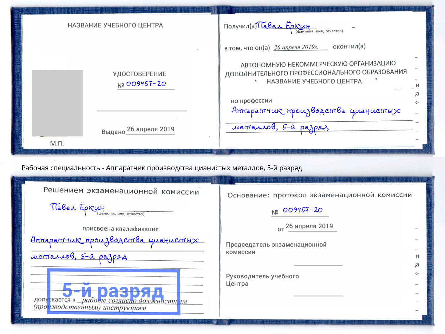 корочка 5-й разряд Аппаратчик производства цианистых металлов Надым